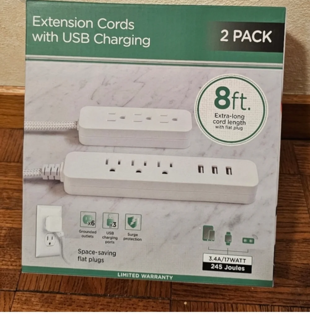 Jasco 2 Pack Extension Cords with USB Charging 8 Ft Extra Long 6 Outlets 3 USB